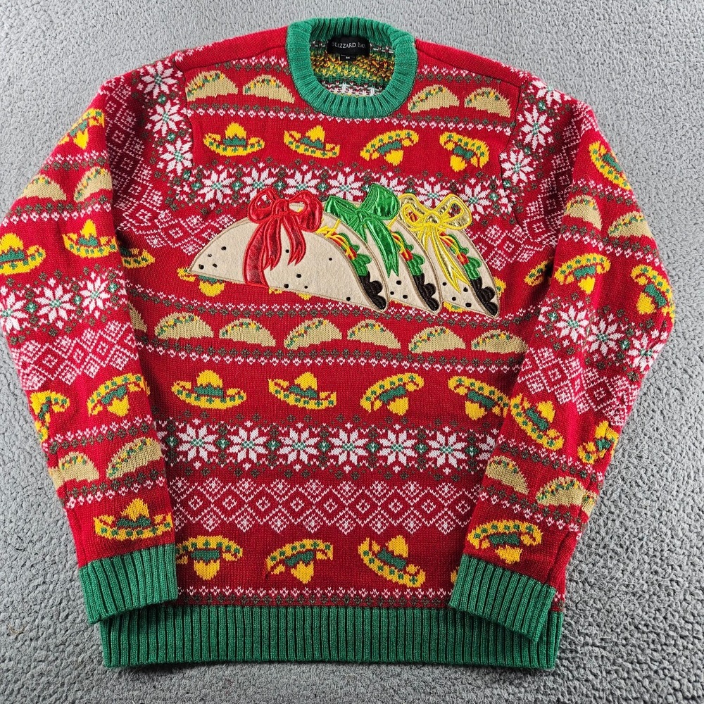 Ugly Christmas Sweater Medium Red Fair Isle Tacos‎ Holiday Party Tacky Knit